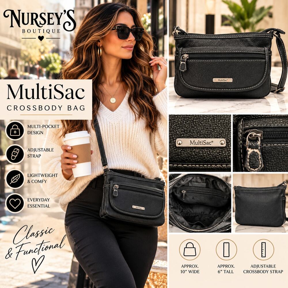 MultiSac Black Organizer Crossbody Bag Multi Pocket Adjustable Strap